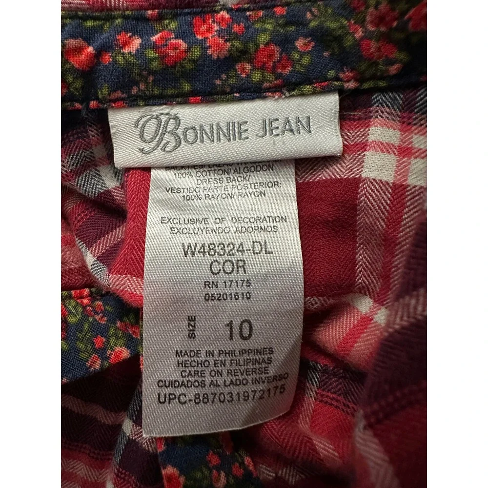 Bonnie Jean Girls Long Sleeve Red Plaid Floral Mixed Media Shirt Dress Size 10